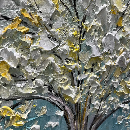 GOLDEN BLOOM: Textured Impasto Tree Painting in White and Gold | rectangular format, hand-painted canvas edge