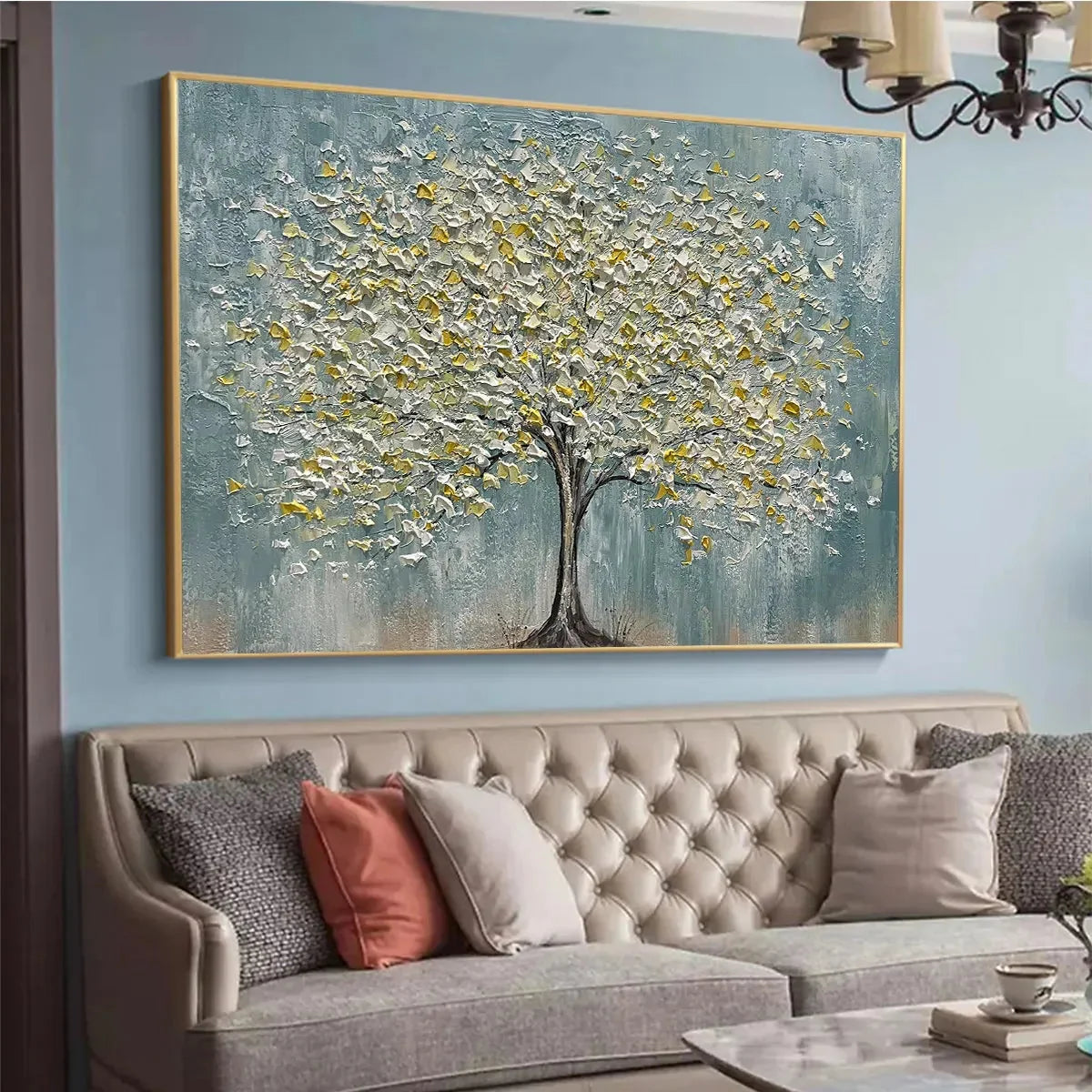 GOLDEN BLOOM: Textured Impasto Tree Painting in White and Gold | gold frame stretched on neutral wall