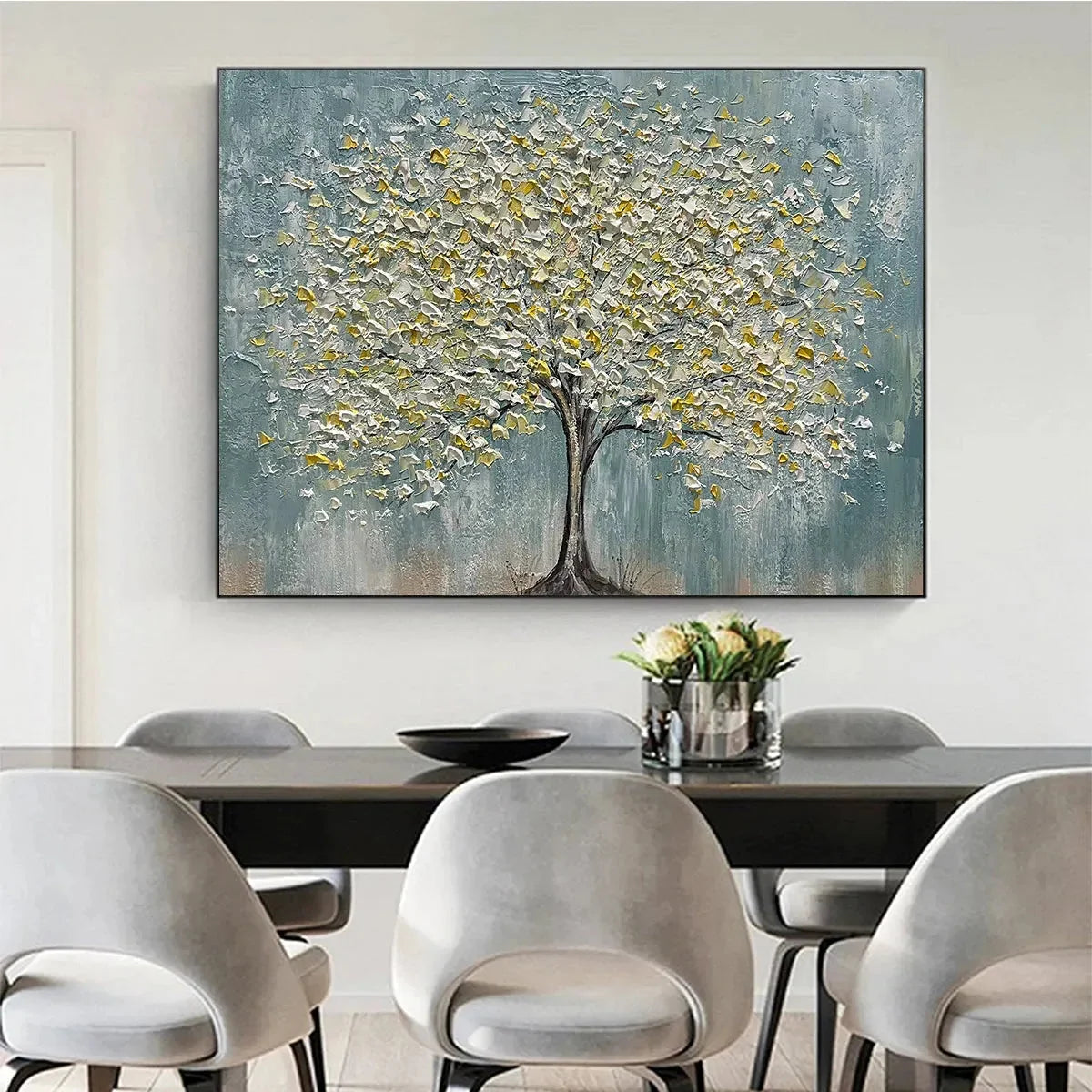GOLDEN BLOOM: Textured Impasto Tree Painting in White and Gold | black frame version on white wall