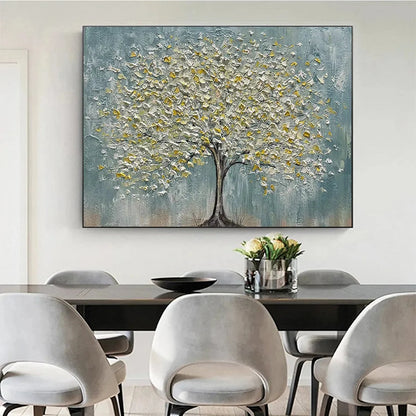 GOLDEN BLOOM: Textured Impasto Tree Painting in White and Gold | black frame version on white wall