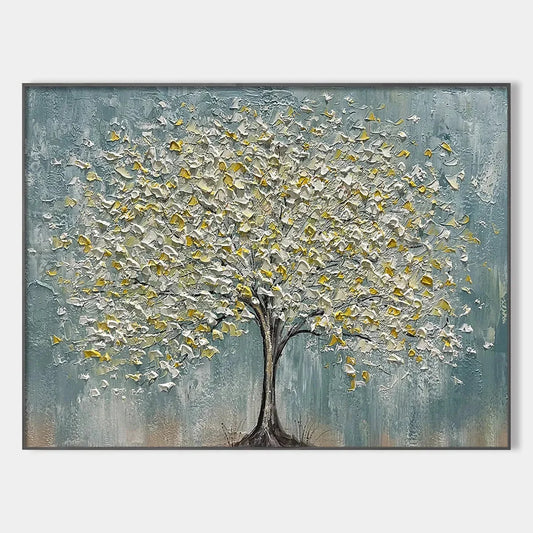 GOLDEN BLOOM: Textured Impasto Tree Painting in White and Gold | hanging in living room, Figurative wall art