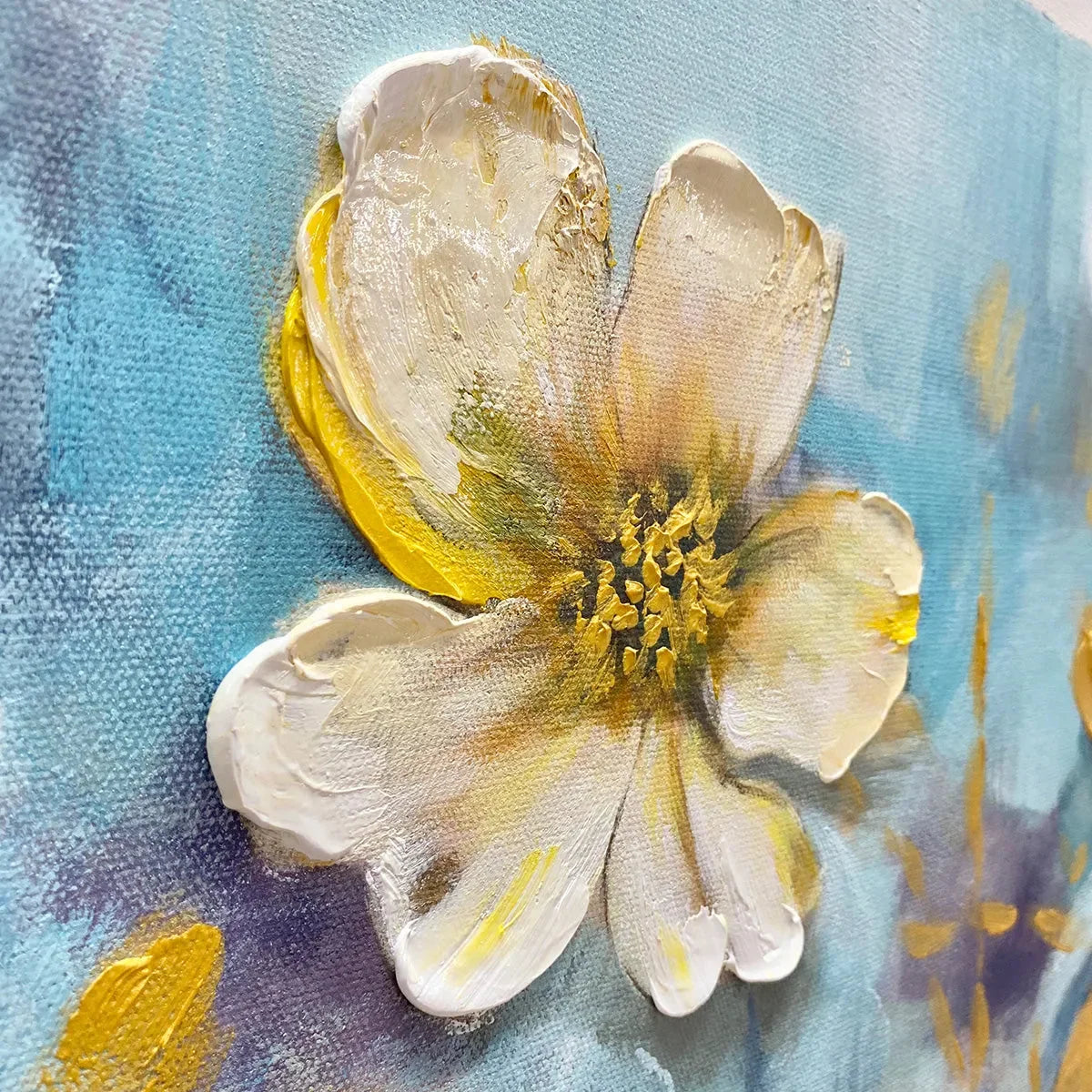 GOLDEN BLOSSOM DRIFT: Floral Painting with Gold Accents | rectangular format, hand-painted canvas edge