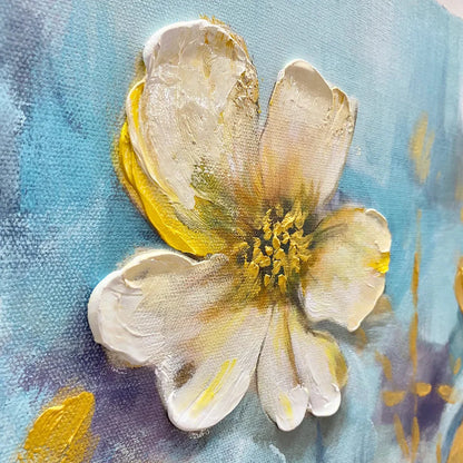 GOLDEN BLOSSOM DRIFT: Floral Painting with Gold Accents | rectangular format, hand-painted canvas edge