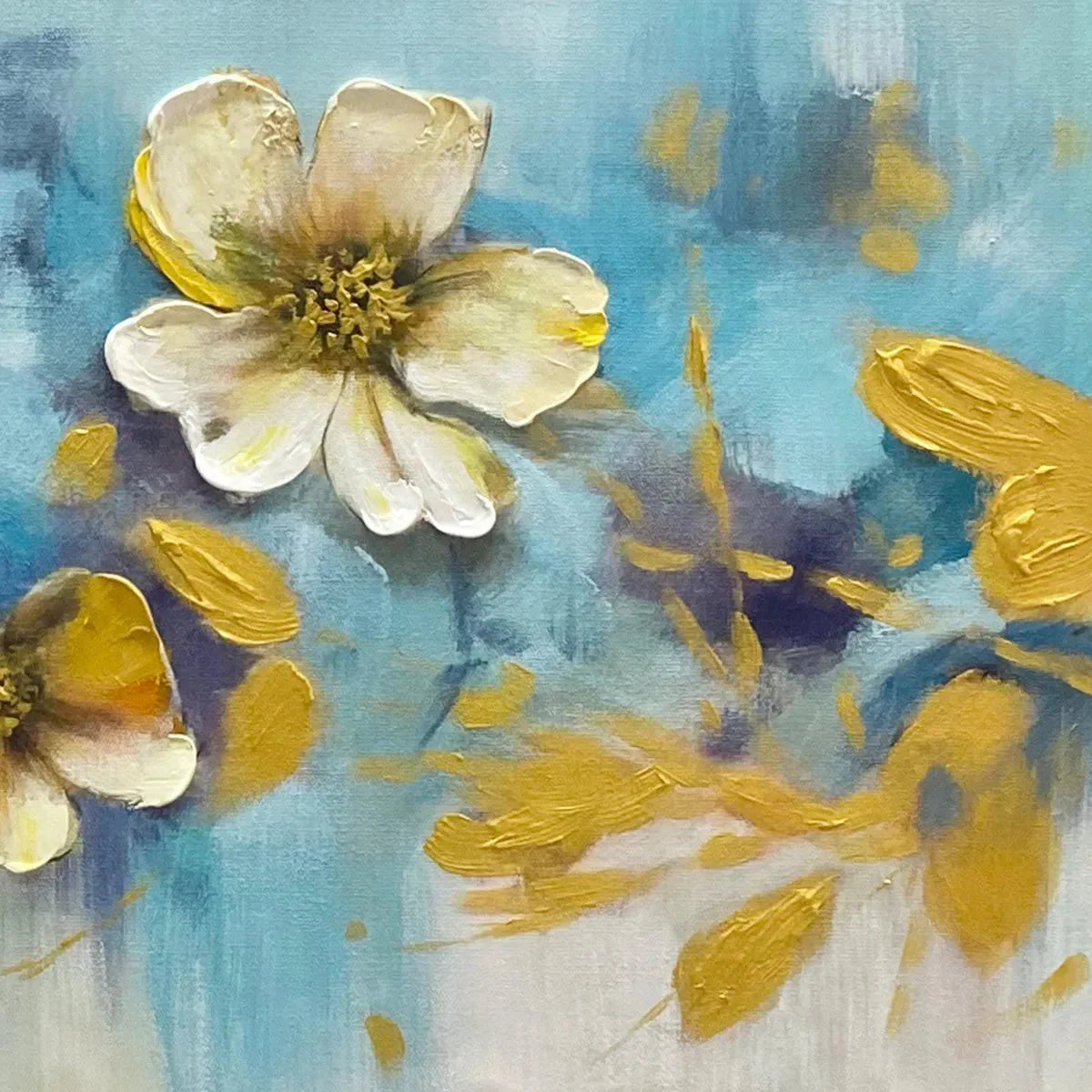 GOLDEN BLOSSOM DRIFT: Floral Painting with Gold Accents | gold frame stretched on neutral wall