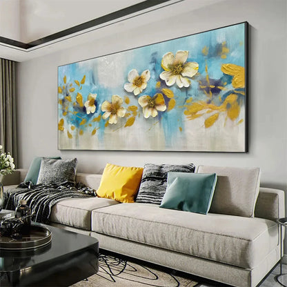 GOLDEN BLOSSOM DRIFT: Floral Painting with Gold Accents | rolled canvas, ready for custom framing