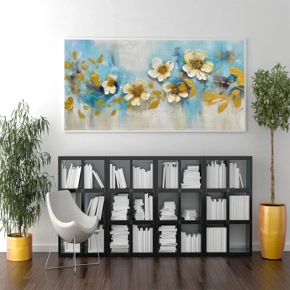 GOLDEN BLOSSOM DRIFT: Floral Painting with Gold Accents | black frame version on white wall