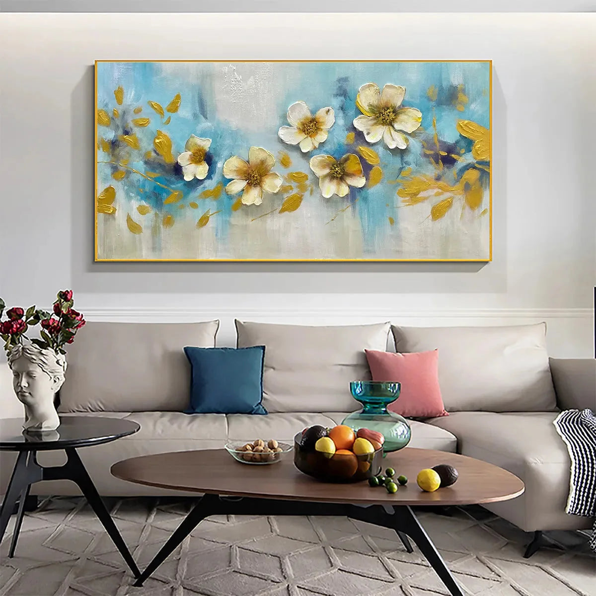 GOLDEN BLOSSOM DRIFT: Floral Painting with Gold Accents | Abstract mood, soft natural light studio shot