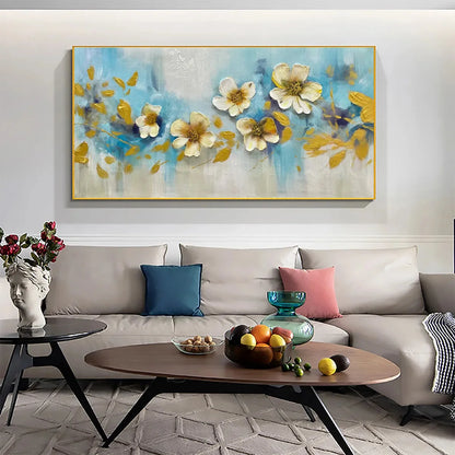GOLDEN BLOSSOM DRIFT: Floral Painting with Gold Accents | Abstract mood, soft natural light studio shot