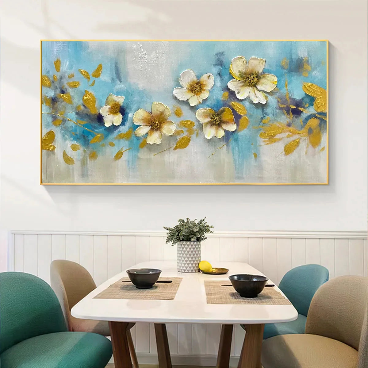 GOLDEN BLOSSOM DRIFT: Floral Painting with Gold Accents | yellow palette, original oil on stretched canvas art