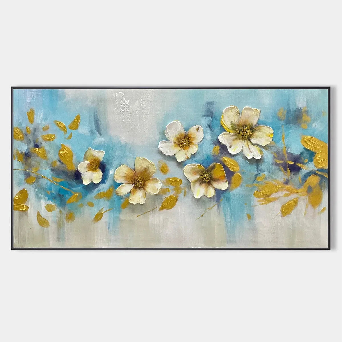 GOLDEN BLOSSOM DRIFT: Floral Painting with Gold Accents | hanging in living room, Abstract wall art