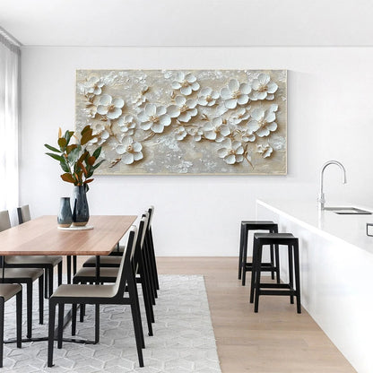 GOLDEN BLOSSOMS: Textured Floral Oil Painting | gold frame stretched on neutral wall