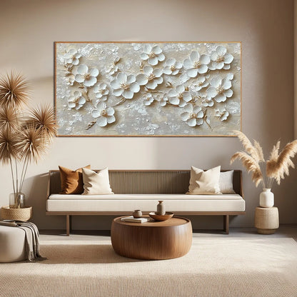 GOLDEN BLOSSOMS: Textured Floral Oil Painting | black frame version on white wall
