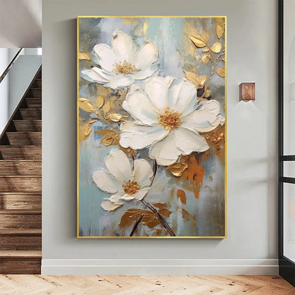 GOLDEN BLOSSOMS: Vertical Textured Floral Painting, Impasto White Flowers, Gold Accents, Living Room, Bedroom | Abstract closeup, raised brushwork detail