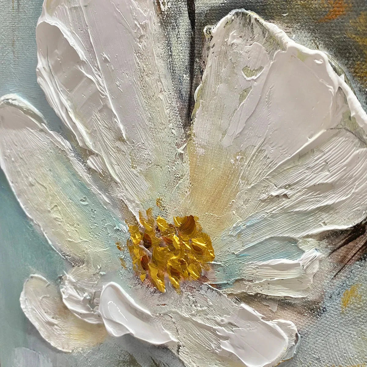GOLDEN BLOSSOMS: Vertical Textured Floral Painting, Impasto White Flowers, Gold Accents, Living Room, Bedroom | rectangular format, hand-painted canvas edge