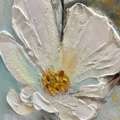 GOLDEN BLOSSOMS: Vertical Textured Floral Painting, Impasto White Flowers, Gold Accents, Living Room, Bedroom | rectangular format, hand-painted canvas edge