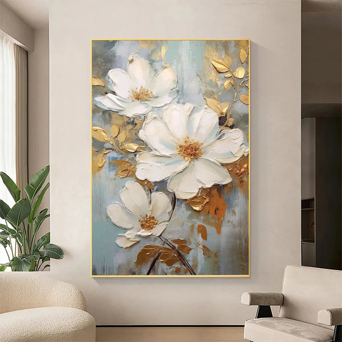 GOLDEN BLOSSOMS: Vertical Textured Floral Painting, Impasto White Flowers, Gold Accents, Living Room, Bedroom | gold frame stretched on neutral wall
