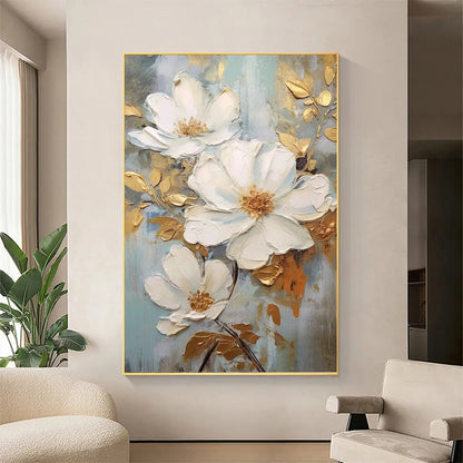 GOLDEN BLOSSOMS: Vertical Textured Floral Painting, Impasto White Flowers, Gold Accents, Living Room, Bedroom | gold frame stretched on neutral wall