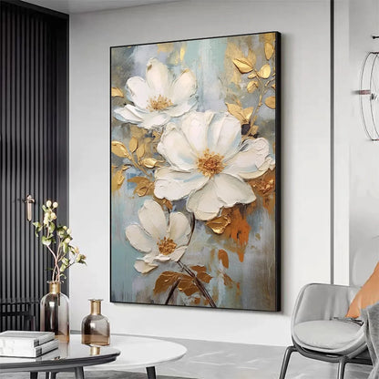 GOLDEN BLOSSOMS: Vertical Textured Floral Painting, Impasto White Flowers, Gold Accents, Living Room, Bedroom | rolled canvas, ready for custom framing
