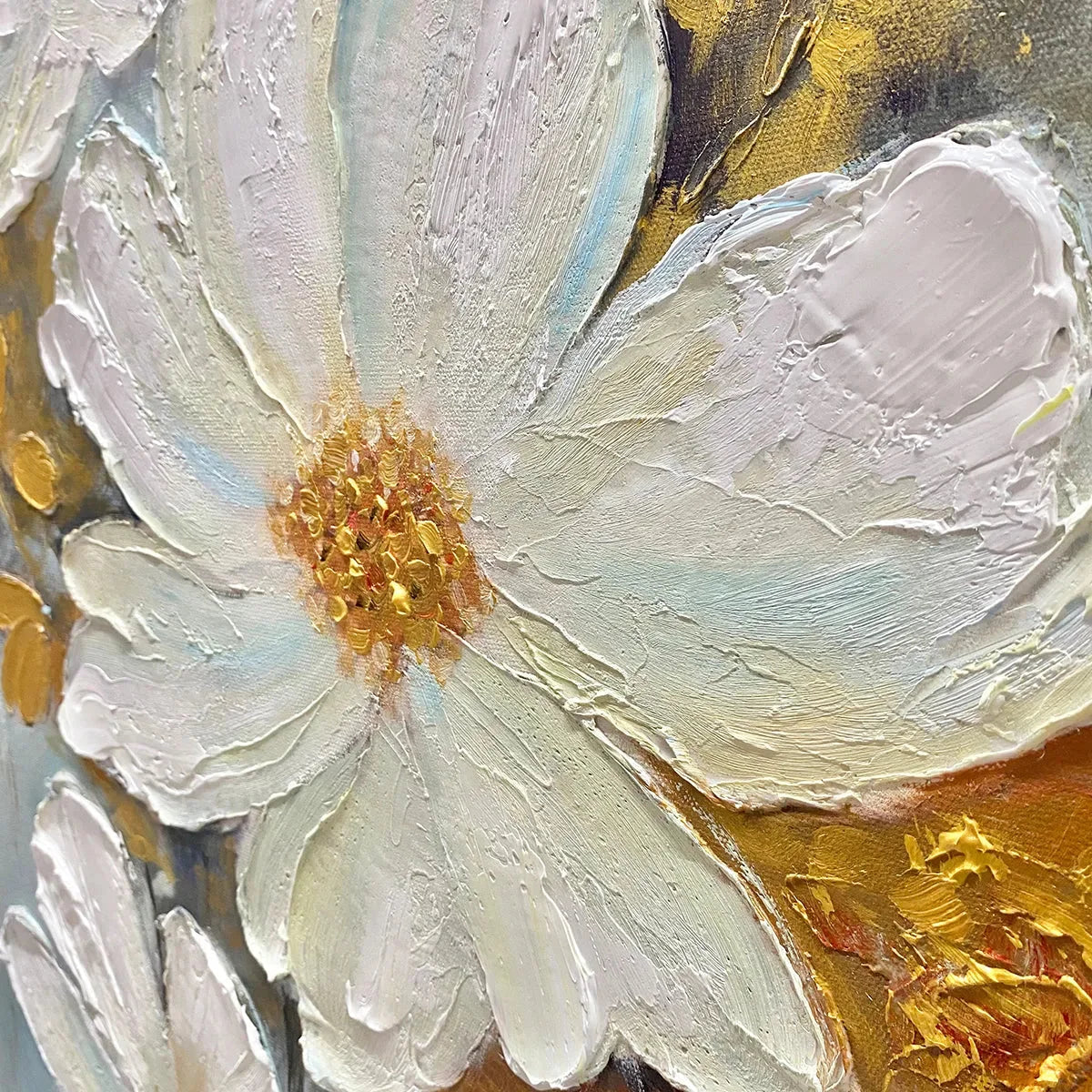 GOLDEN BLOSSOMS: Vertical Textured Floral Painting, Impasto White Flowers, Gold Accents, Living Room, Bedroom | black frame version on white wall