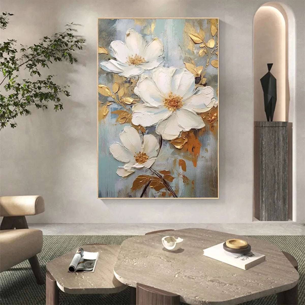GOLDEN BLOSSOMS: Vertical Textured Floral Painting, Impasto White Flowers, Gold Accents, Living Room, Bedroom | Abstract mood, soft natural light studio shot