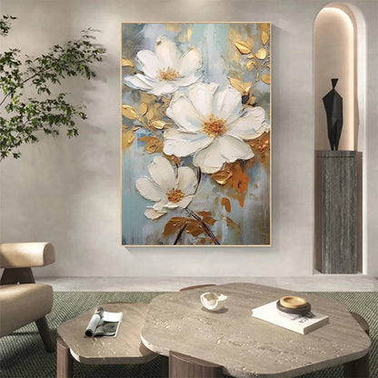 GOLDEN BLOSSOMS: Vertical Textured Floral Painting, Impasto White Flowers, Gold Accents, Living Room, Bedroom | Abstract mood, soft natural light studio shot