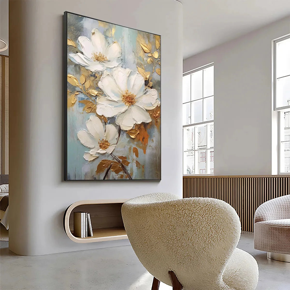 GOLDEN BLOSSOMS: Vertical Textured Floral Painting, Impasto White Flowers, Gold Accents, Living Room, Bedroom | yellow palette, original oil on stretched canvas art