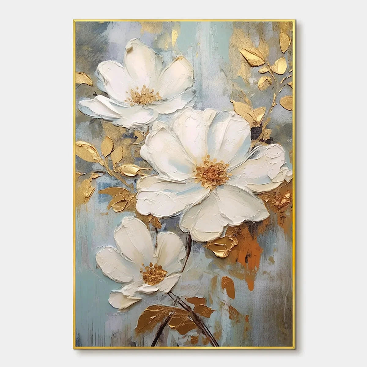 GOLDEN BLOSSOMS: Vertical Textured Floral Painting, Impasto White Flowers, Gold Accents, Living Room, Bedroom | hanging in living room, Abstract wall art