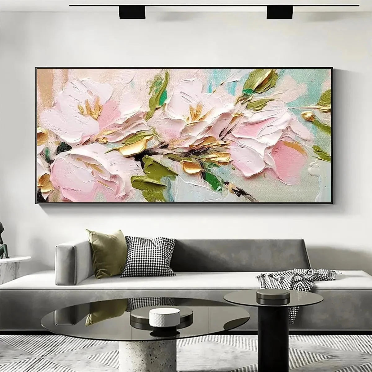 GOLDEN BLUSH: Textured Pink and Gold Floral Impasto Painting | Abstract closeup, raised brushwork detail