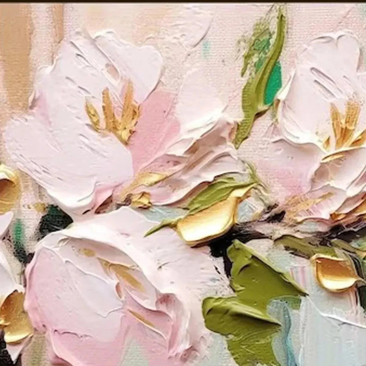 GOLDEN BLUSH: Textured Pink and Gold Floral Impasto Painting | rectangular format, hand-painted canvas edge