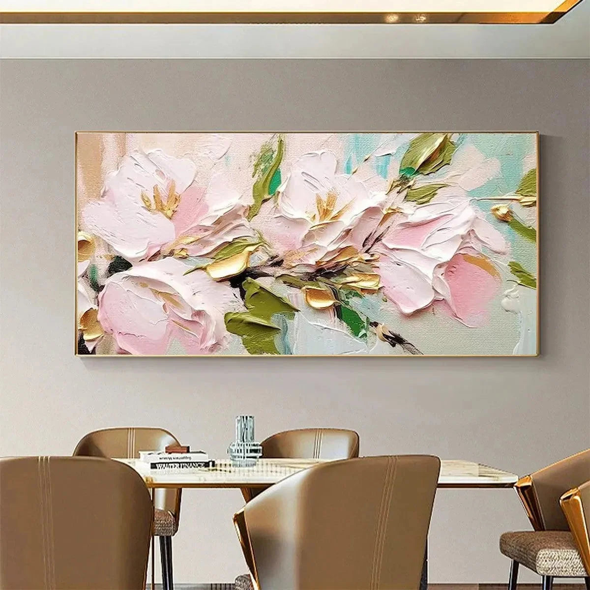 GOLDEN BLUSH: Textured Pink and Gold Floral Impasto Painting | gold frame stretched on neutral wall