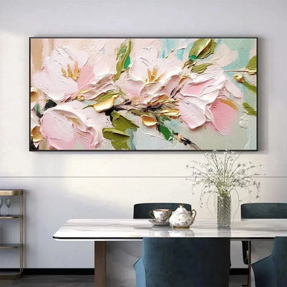 GOLDEN BLUSH: Textured Pink and Gold Floral Impasto Painting | black frame version on white wall