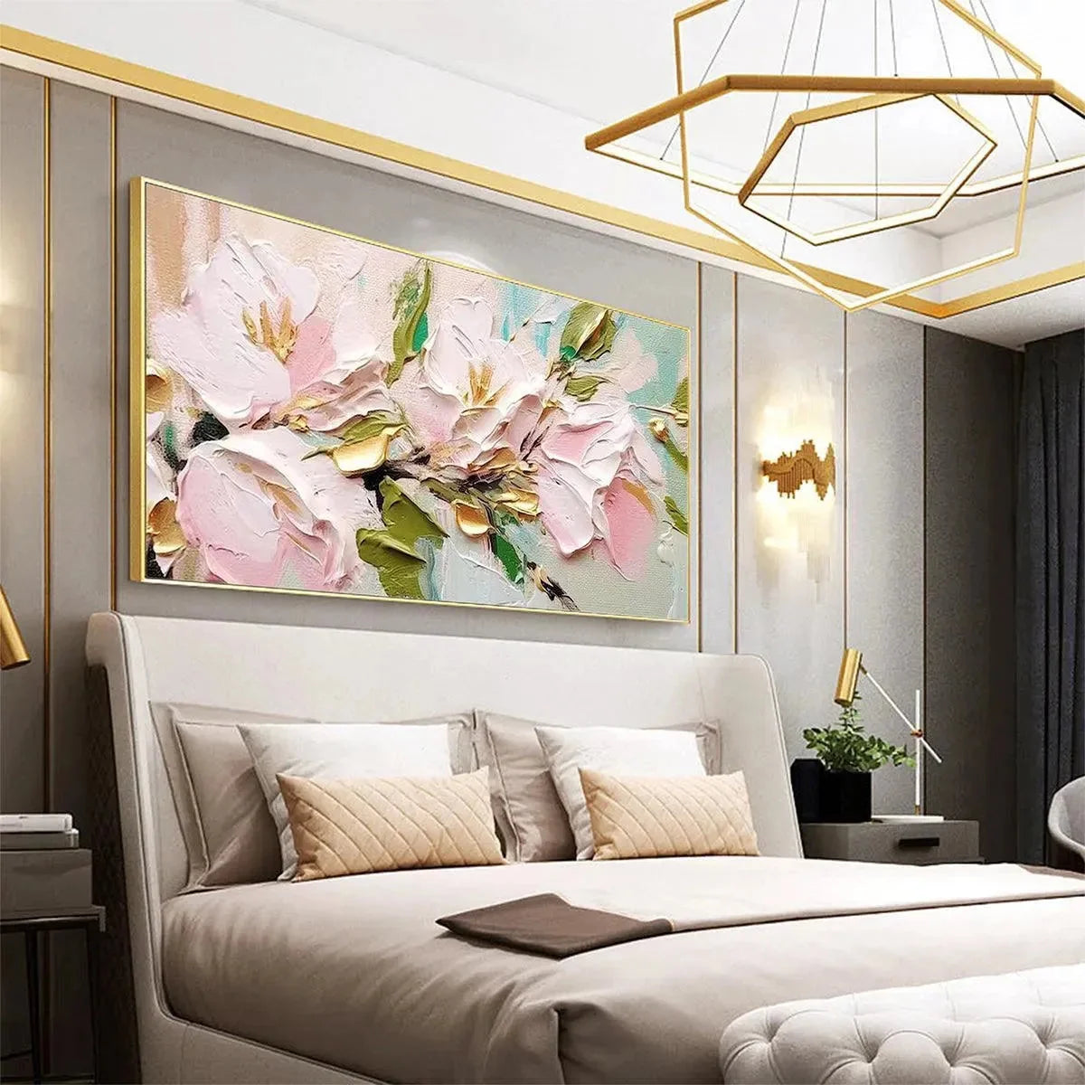 GOLDEN BLUSH: Textured Pink and Gold Floral Impasto Painting | Abstract mood, soft natural light studio shot