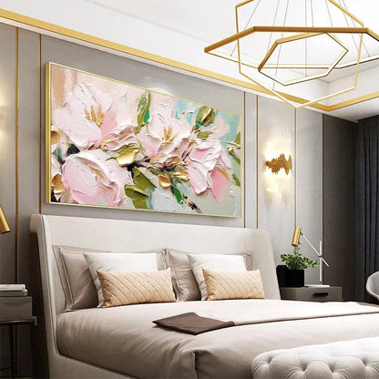 GOLDEN BLUSH: Textured Pink and Gold Floral Impasto Painting | Abstract mood, soft natural light studio shot