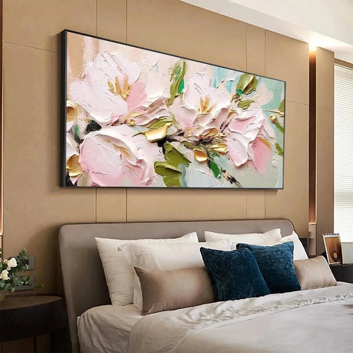 GOLDEN BLUSH: Textured Pink and Gold Floral Impasto Painting | yellow palette, original oil on stretched canvas art