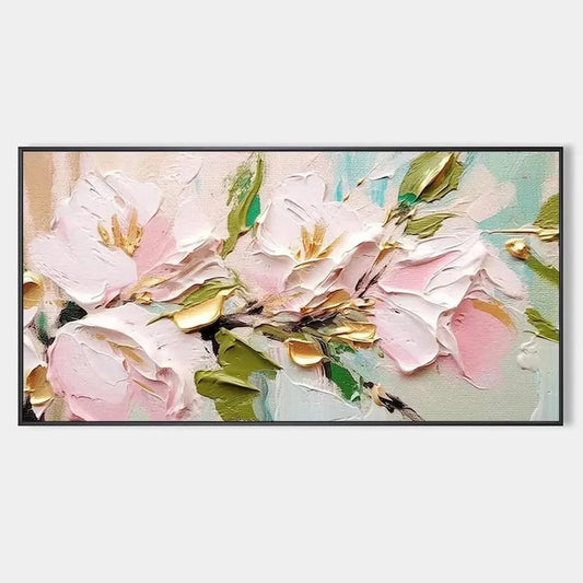 GOLDEN BLUSH: Textured Pink and Gold Floral Impasto Painting | hanging in living room, Abstract wall art