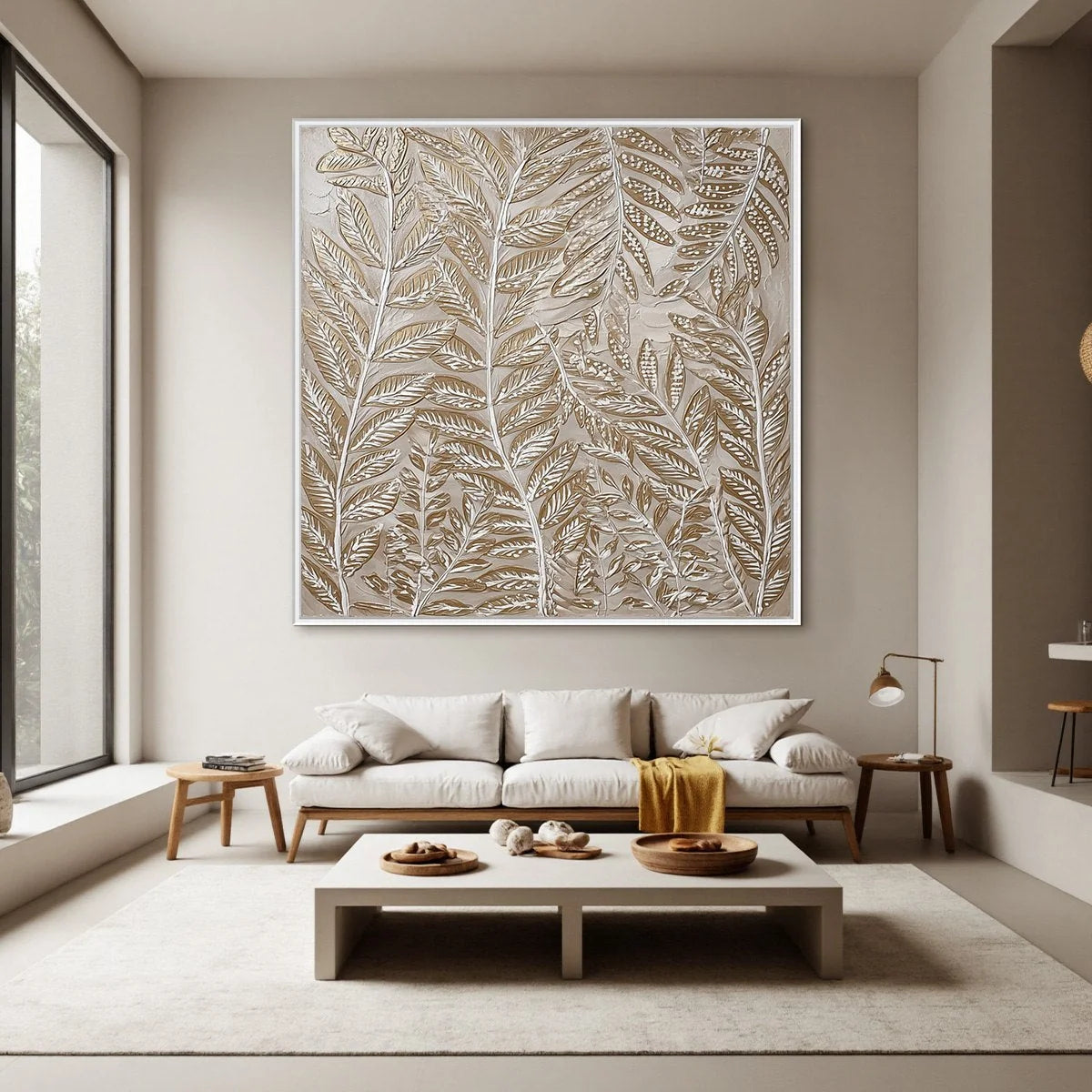 GOLDEN BOTANICALS: Textured Metallic Gold Leaf Oil Painting | gold frame stretched on neutral wall