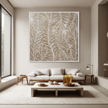 GOLDEN BOTANICALS: Textured Metallic Gold Leaf Oil Painting | gold frame stretched on neutral wall