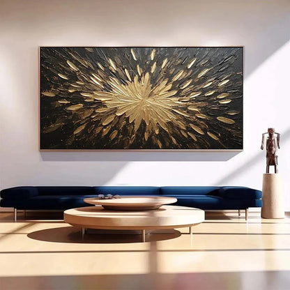 GOLDEN BURST: Textured Abstract Painting in Gold and Black | Abstract closeup, raised brushwork detail