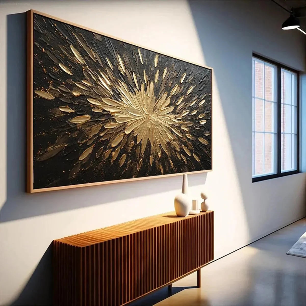 GOLDEN BURST: Textured Abstract Painting in Gold and Black | gold frame stretched on neutral wall