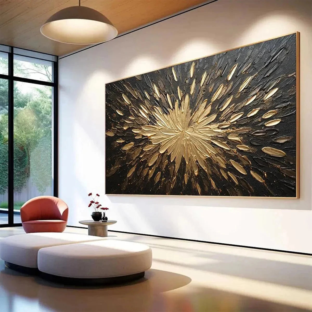 GOLDEN BURST: Textured Abstract Painting in Gold and Black | rolled canvas, ready for custom framing