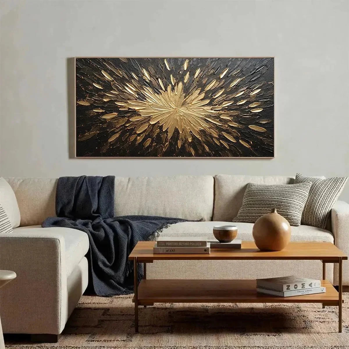 GOLDEN BURST: Textured Abstract Painting in Gold and Black | black frame version on white wall