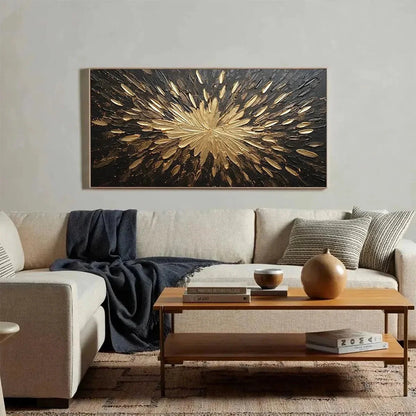 GOLDEN BURST: Textured Abstract Painting in Gold and Black | black frame version on white wall