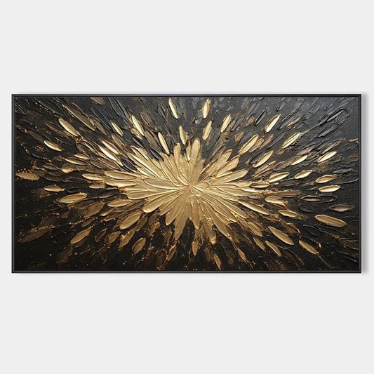 GOLDEN BURST: Textured Abstract Painting in Gold and Black | hanging in living room, Abstract wall art