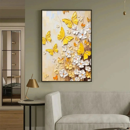 GOLDEN BUTTERFLIES: Textured Butterfly and Floral Painting, Yellow and White Wall Art, Vertical Canvas, Impasto Decor