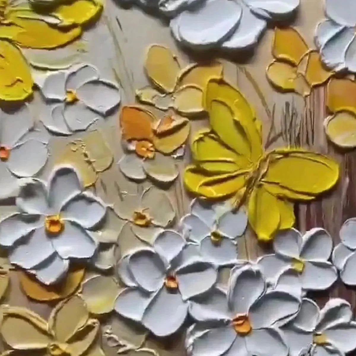 GOLDEN BUTTERFLIES: Textured Butterfly and Floral Painting, Yellow and White Wall Art, Vertical Canvas, Impasto Decor | rectangular format, hand-painted canvas edge