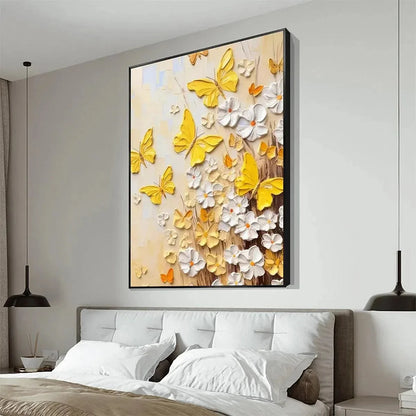 GOLDEN BUTTERFLIES: Textured Butterfly and Floral Painting, Yellow and White Wall Art, Vertical Canvas, Impasto Decor | gold frame stretched on neutral wall