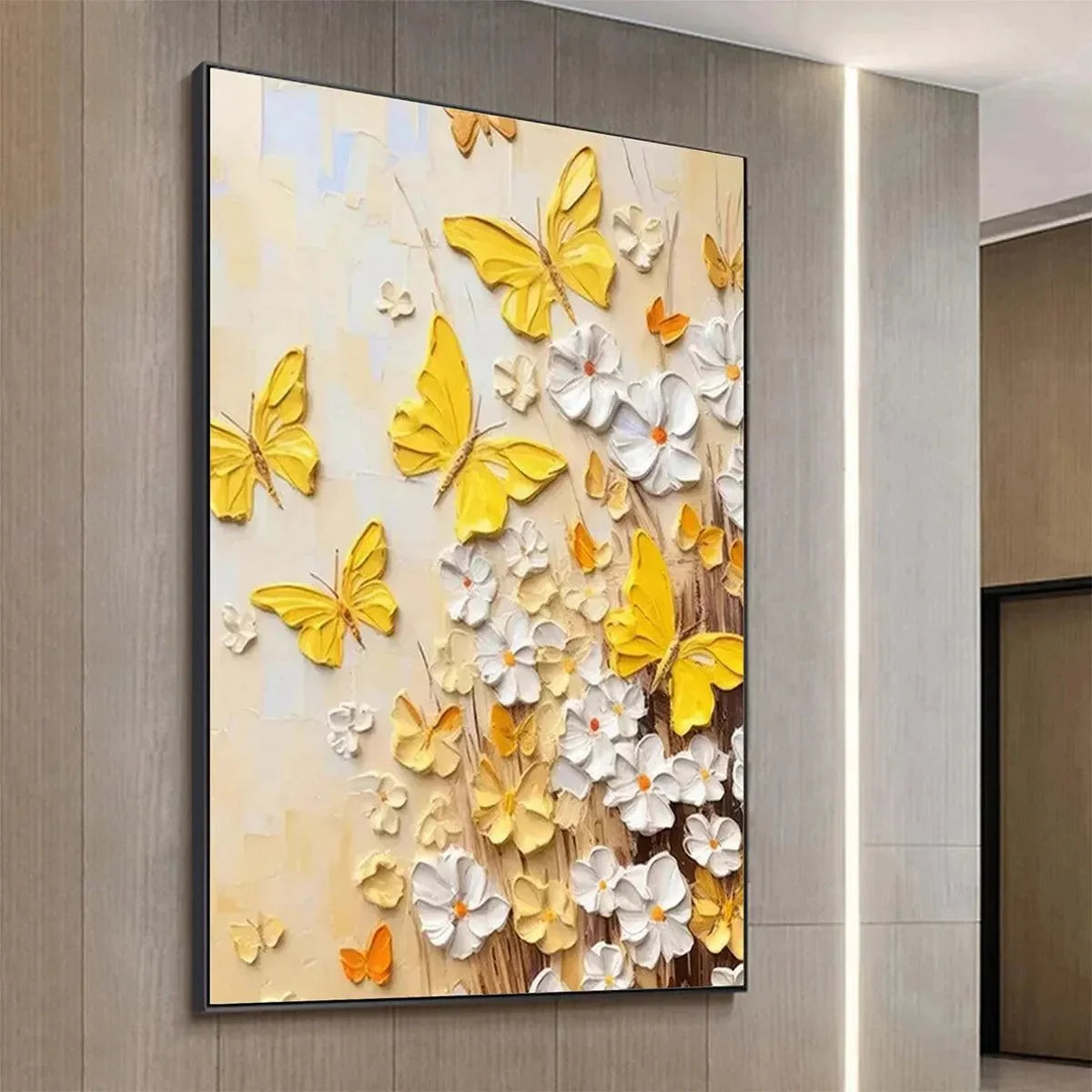 GOLDEN BUTTERFLIES: Textured Butterfly and Floral Painting, Yellow and White Wall Art, Vertical Canvas, Impasto Decor | rolled canvas, ready for custom framing