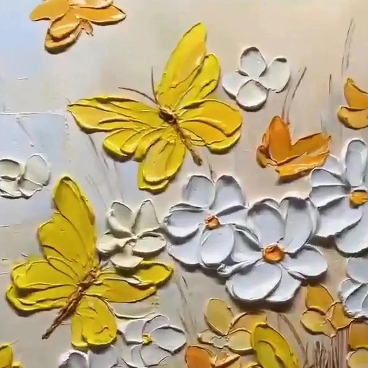 GOLDEN BUTTERFLIES: Textured Butterfly and Floral Painting, Yellow and White Wall Art, Vertical Canvas, Impasto Decor | black frame version on white wall