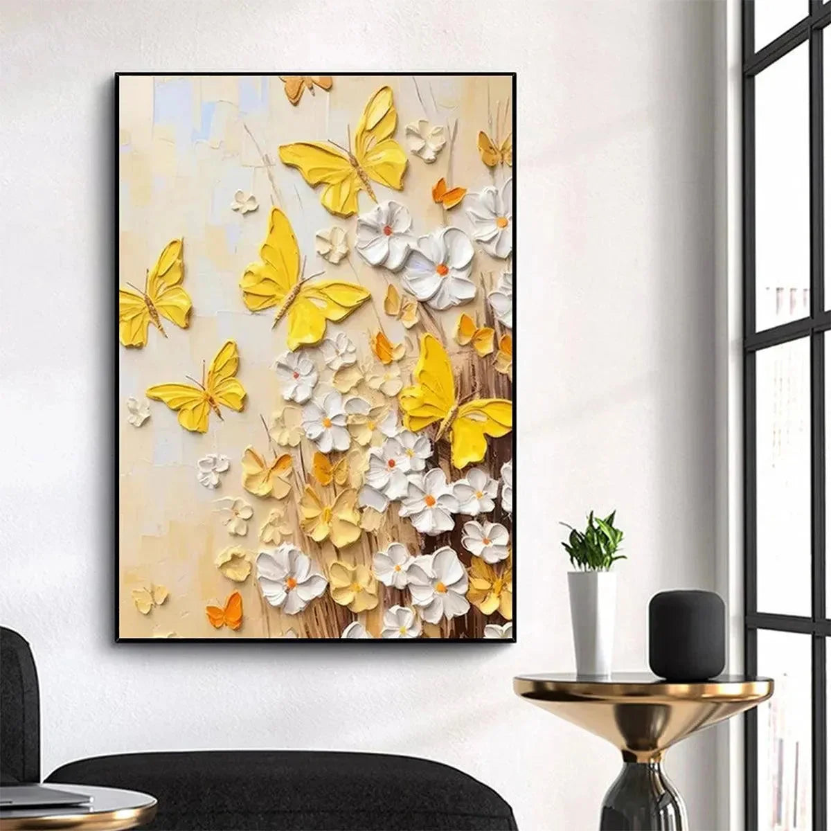 GOLDEN BUTTERFLIES: Textured Butterfly and Floral Painting, Yellow and White Wall Art, Vertical Canvas, Impasto Decor | Abstract mood, soft natural light studio shot
