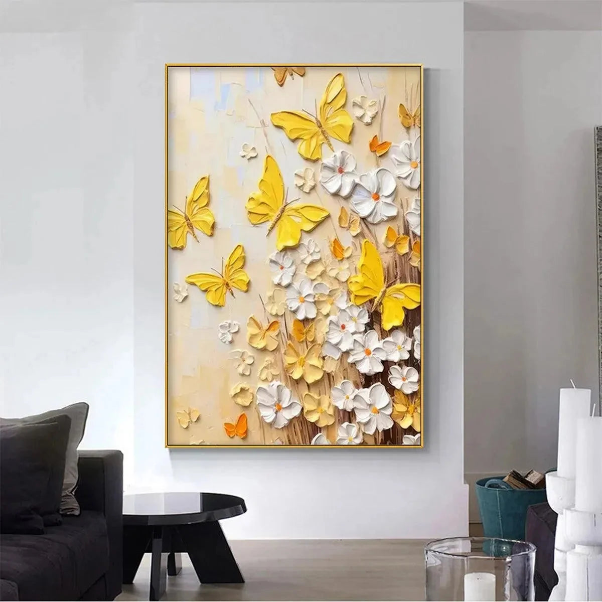 GOLDEN BUTTERFLIES: Textured Butterfly and Floral Painting, Yellow and White Wall Art, Vertical Canvas, Impasto Decor | yellow palette, original oil on stretched canvas art